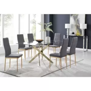 Image of Furniturebox UK - Furniturebox Leonardo 6 Gold Leg Glass Dining Table and 6 Grey Milan Velvet Dining Chairs With Gold Legs Diamond Stitch Modern