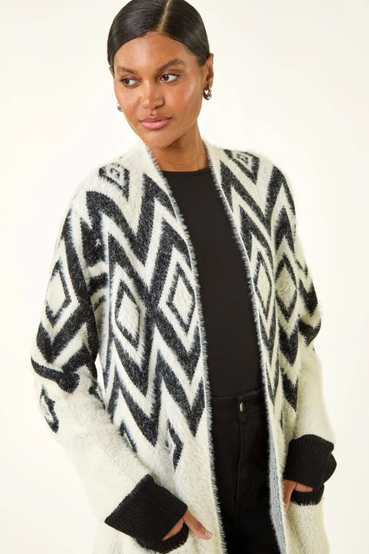Image of Roman Womens Argyle Longline Knit Cardigan in Black Female One Size