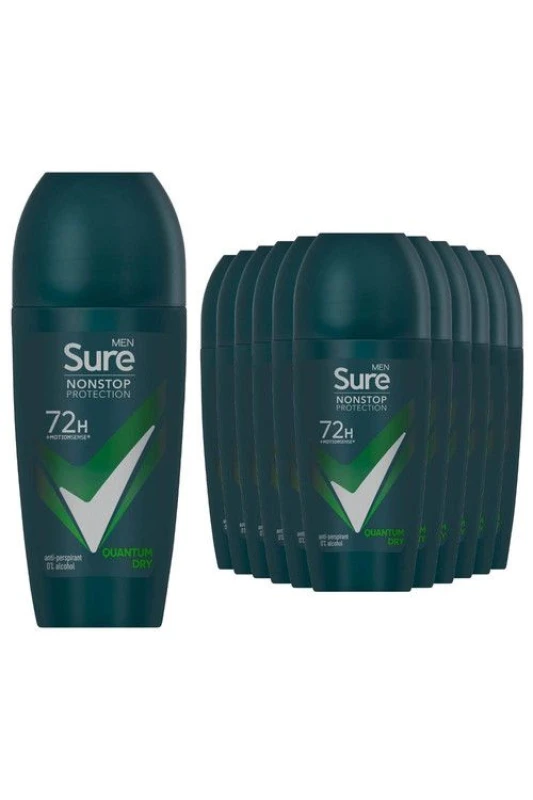 Image of Sure Men 'Antiperspirant Deo' Roll On 72H Protection Quantum Dry, 12x50ml White male