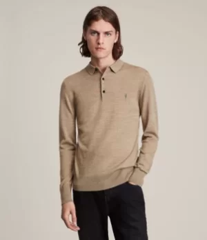 Image of AllSaints Mens Mode Merino Long Sleeve Polo Shirt, Smoked Brown Marl, Size: XXL