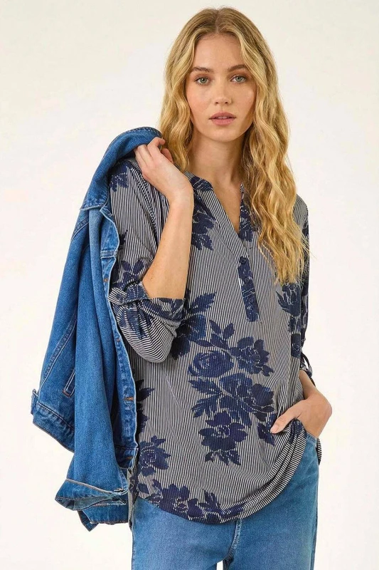 Image of Roman Womens Stripe Floral Print Stretch Shirt in Navy Size: 16 Navy Female 16