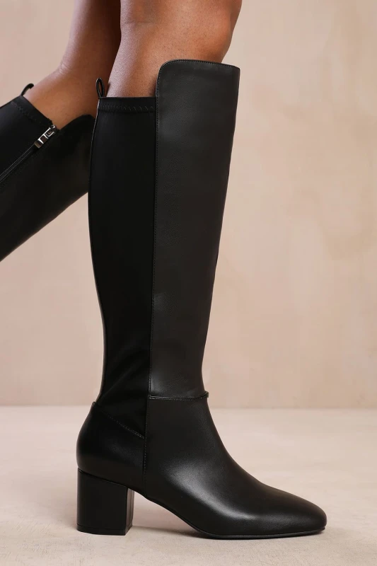 Image of Where's That From Womens 'Cherish' Block Heel Knee High Boots With Side Zip in True Black Size: 3 True Black Female 3
