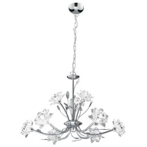 Image of 9 Light Multi Arm Ceiling Pendant Flower Design Chrome, Glass Nine, G9
