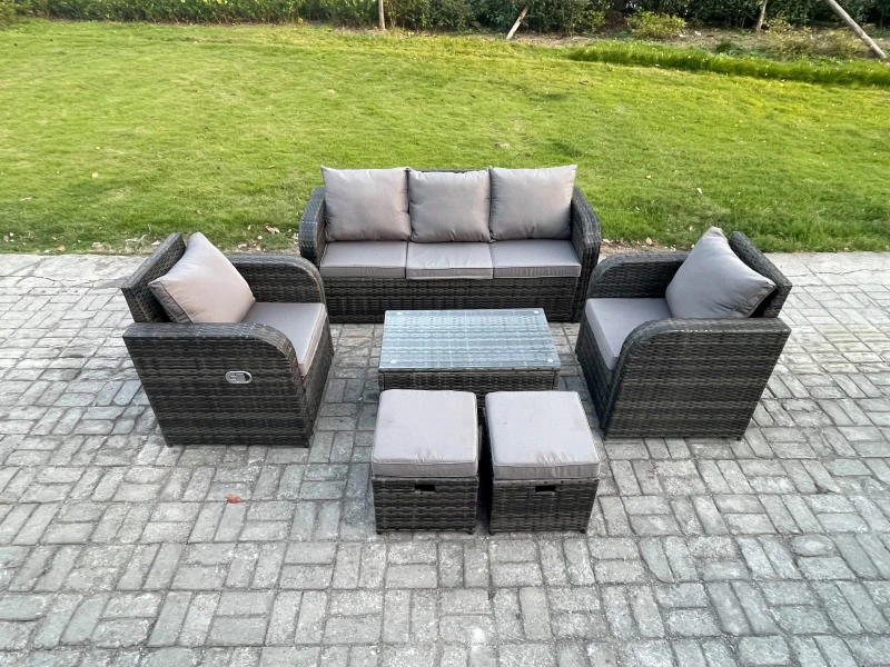 Image of Fimous Outdoor Rattan Garden Furniture Set Patio Lounge Sofa Set with Reclining Chair Rectangular Coffee Table Dark Grey