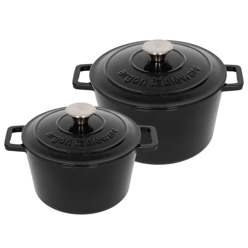 Image of Argon Tableware 2pc Round Cast Iron Casserole Dish Set - 2.8L / 4.5L Cookware with Lid in Black Unisex
