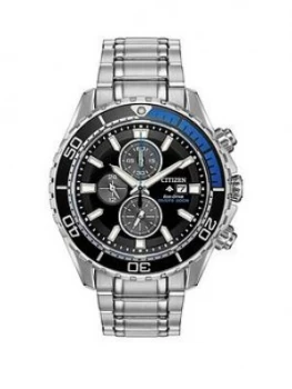 Image of Citizen Eco-Drive Promaster Black and Blue Detail Chronograph Dial Stainless Steel Bracelet Mens Watch, One Colour, Men