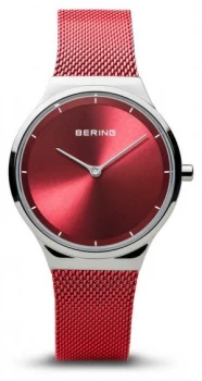 Image of Bering Classic Womens Polished Silver Red Mesh Watch