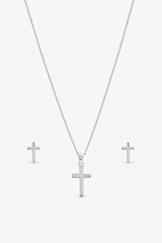 Image of Inicio Womens Sterling Silver Plated Polished Cross Set - Gift Box Silver Female One Size