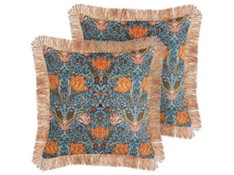 Image of Beliani Set Of 2 Decorative Cushions Mitella Velvet 45 X 45cm Blue Floral Pattern