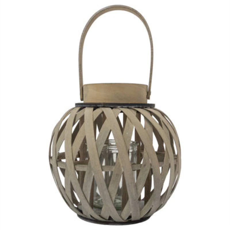 Image of Jvl Luna Natural Round Wood Lantern With Handle - Antique Washed Finish