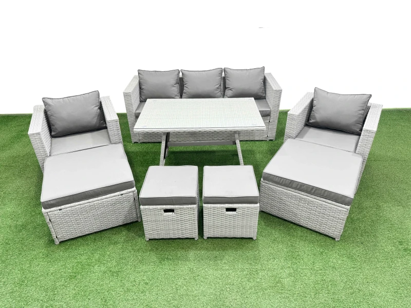 Image of Fimous 8 Pieces Outdoor PE Rattan Sofa Armchair Set with 4 Stools Light Grey Light Grey Unisex