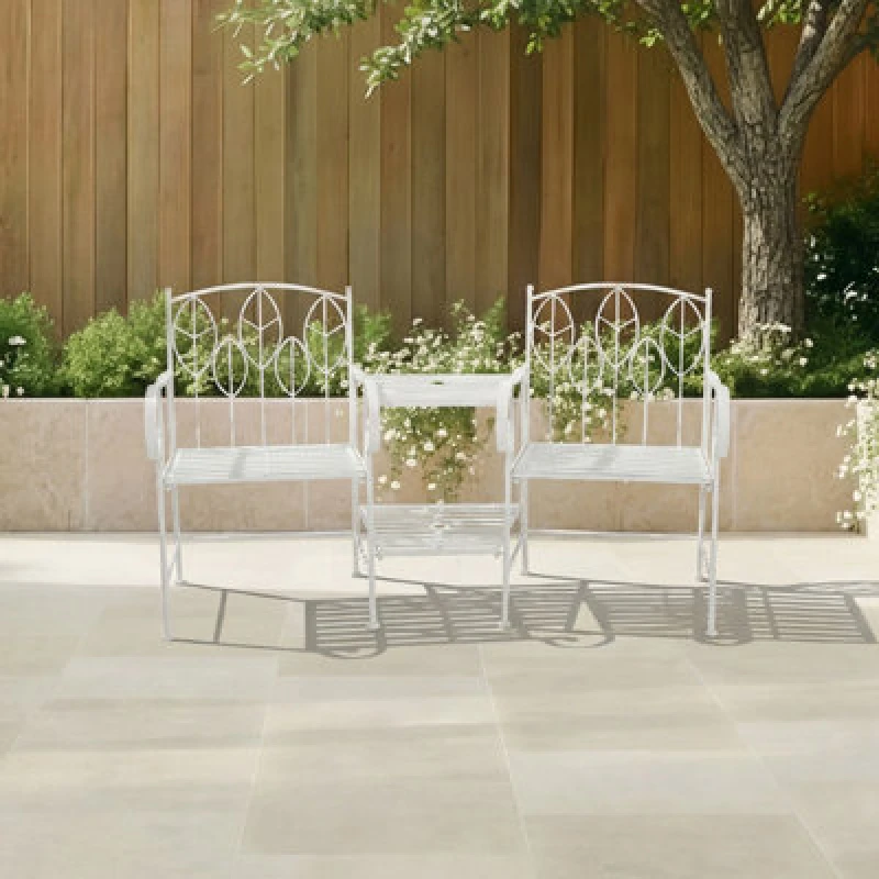 Image of Charles Bentley Antique White Leaf Design Rustic Metal Garden Companion Seat