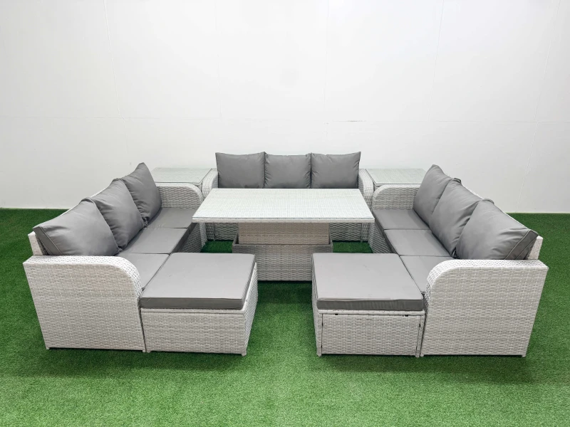 Image of Fimous PE Rattan Lounge Sofa Set 11 Seater Outdoor Garden Furniture Set with 3 Seater Sofa 2 Big Footstools 2 Side Table Light Grey