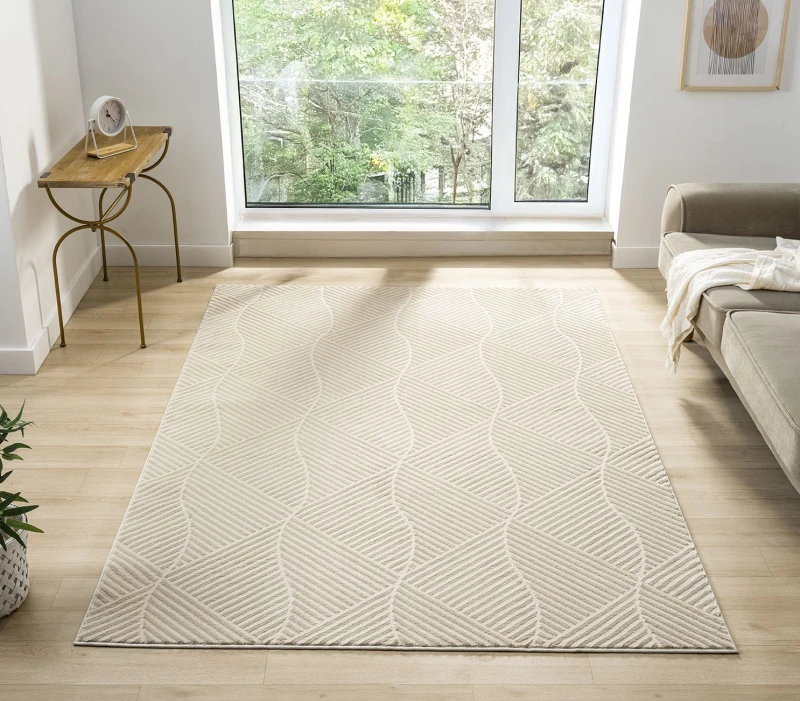 Image of Vellure Modern Indoor Living Room Area Rug Embossed Metallic Sheen Pyramid Design Cream 200X290 Cm