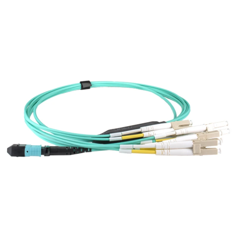 Image of Cablenet 10m OM4 MPO (F) to 4X LC (DX) QSFP Breakout Aqua Cable Method