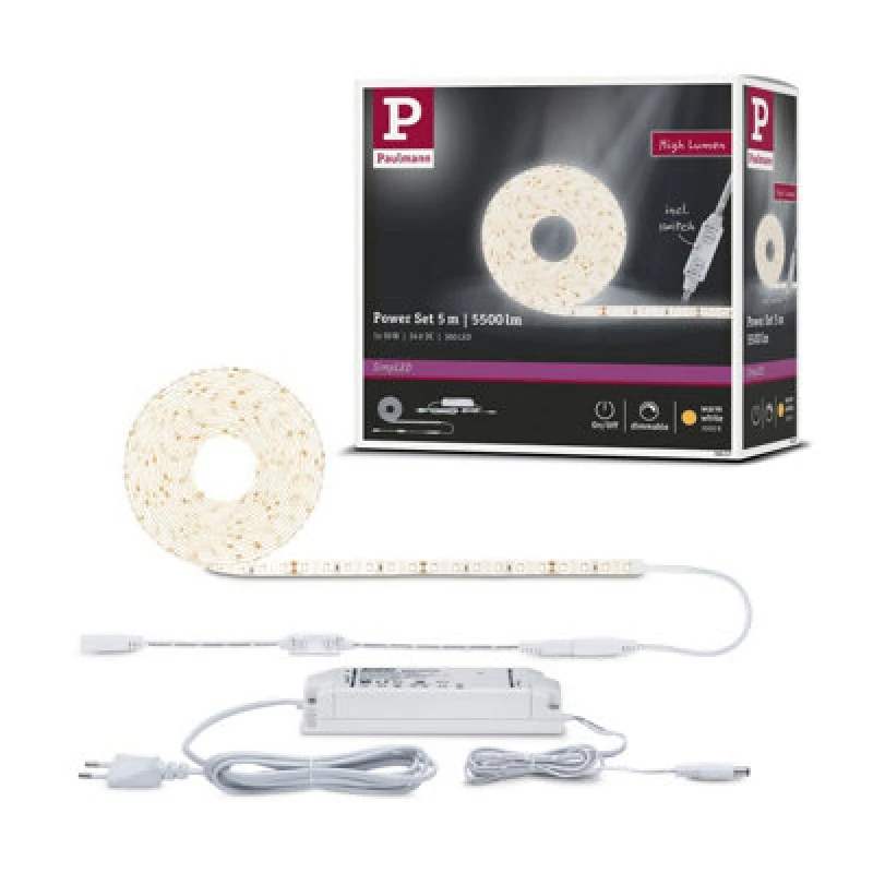 Image of Paulmann Simpled Power LED Strip Warm White Incl. Dimm/switch Complete Set 5M Coated 50W 1100Lm/m 72 Leds/m 3000K 60Va