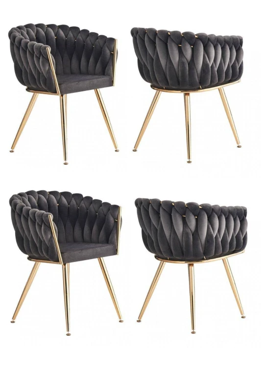 Image of Life Interiors Set of 4 Roma Knot Velvet Armchairs with Gold Metal Legs, Modern Tufted Design for Living Room in Grey Grey Unisex