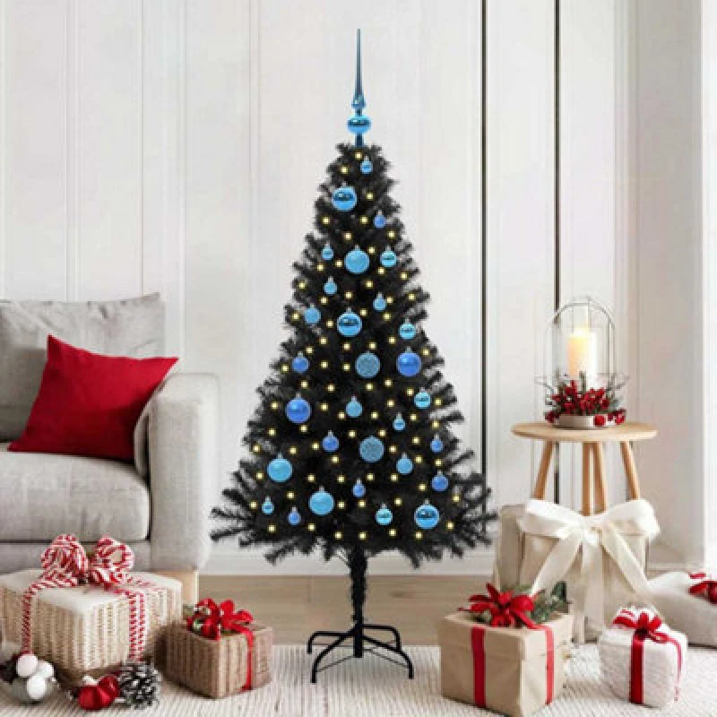 Image of vidaXL Christmas Tree with 150 LEDs with Stand, Blue Balls Black 150cm PVC, Black 3396472