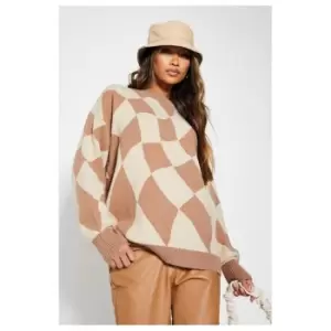 Image of I Saw It First Warped Check Oversized Knitted Jumper - Brown