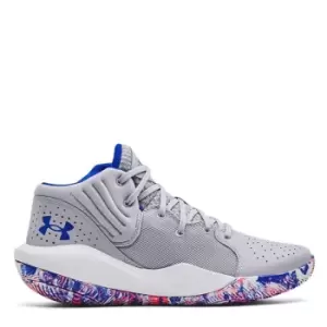 Image of Under Armour Jet 21, Mod Gray / White / Versa Blue, size: 10, Unisex, Basketball Performance Mid, 3024260-109