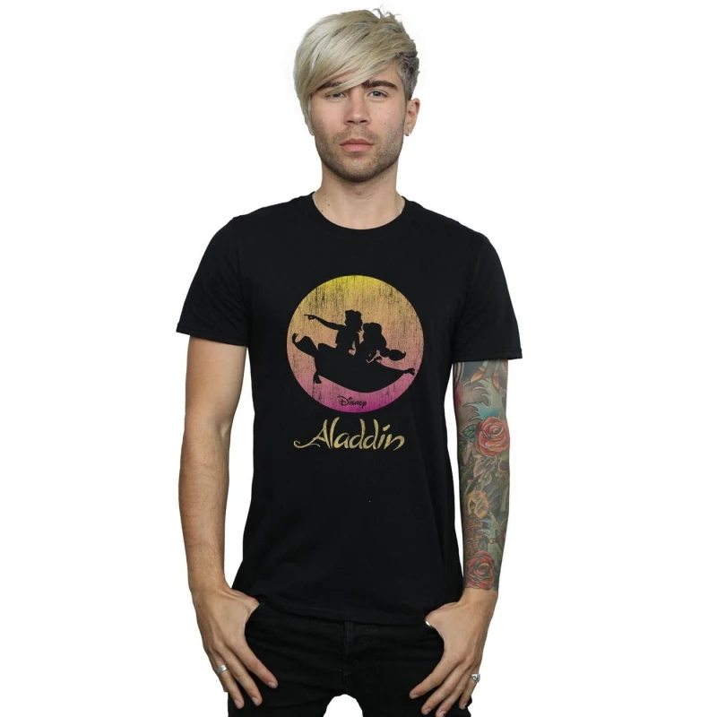 Image of Disney Men Aladdin Flying Sunset T-Shirt in Black Size: Small Black S Male 5059114564736