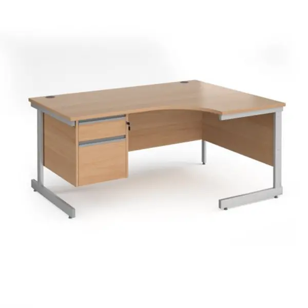 Image of Office Desk Right Hand Corner Desk 1600mm With Pedestal Beech Top With Silver Frame 1200mm Depth Contract 25 CC16ER2-S-B
