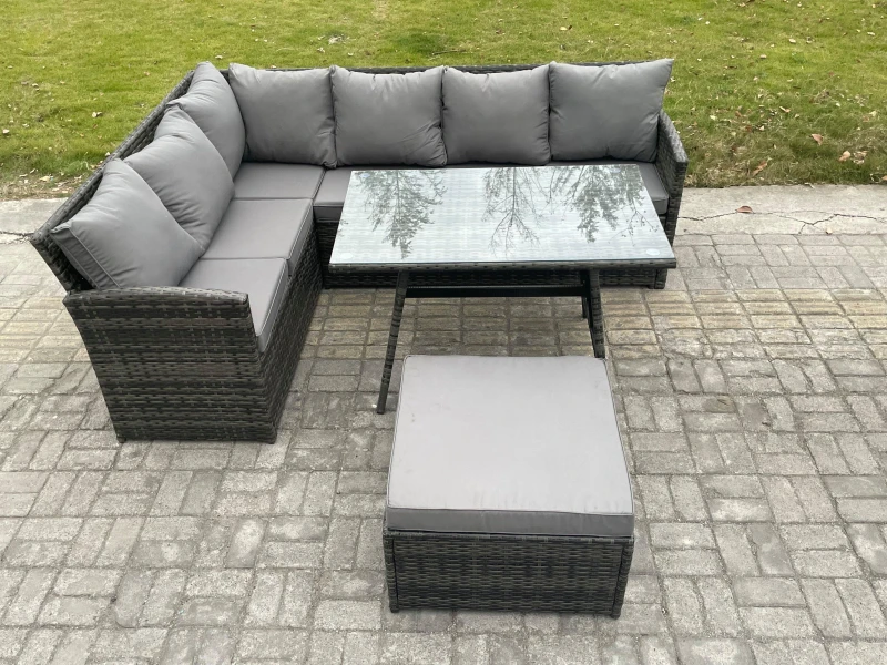 Image of Fimous Rattan Garden Furniture Corner Sofa Set with Oblong Dining Table Big Footstool Outdoor Rattan Set Dark Grey