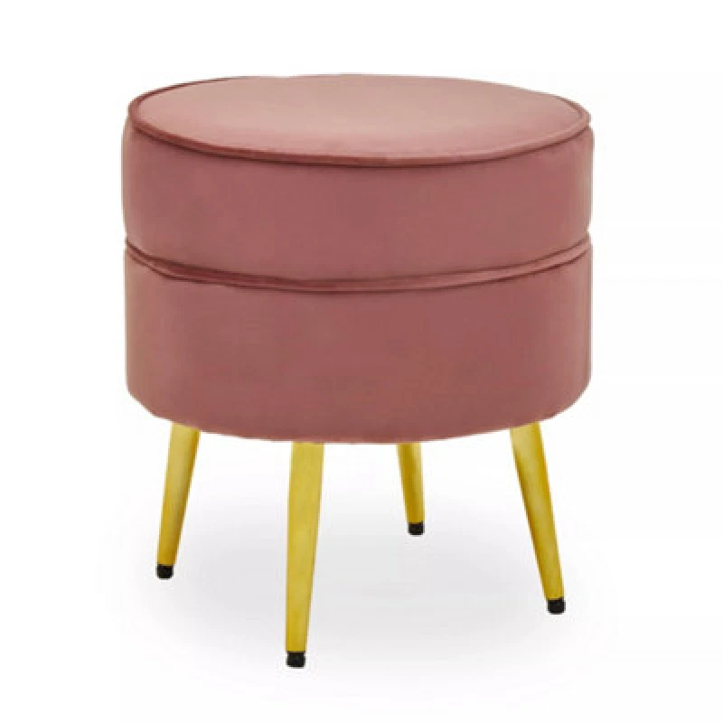 Image of Premier Housewares Interiors By Premier Stylish Dusty Pink Velvet Gold Leg Footstool, Elegant Mid-Century Wooden Footrest For Bedrooms And Hallways