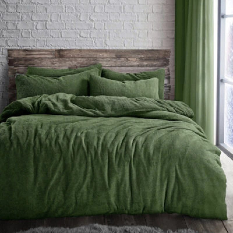 Image of Velosso Teddy Fleece Duvet Cover & Pillowcase Set - Button Enclosure, Machine Washable Bedroom Essentials - Olive