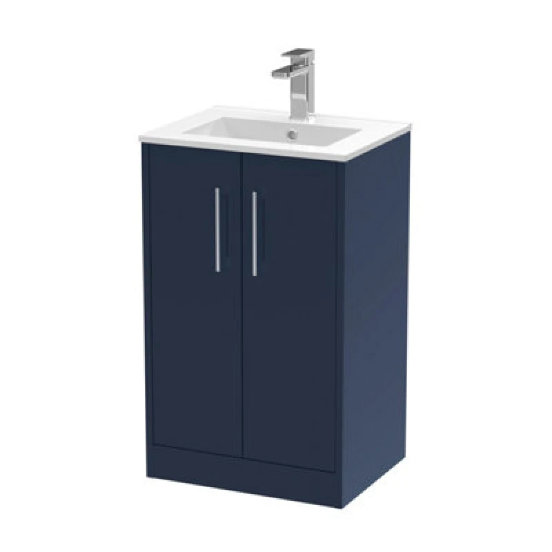 Image of Hudson Reed Juno Floor Standing 2-Door Vanity & Minimalist 1 Tap Hole Basin, Refined Sink Vanity Unit, Midnight Blue