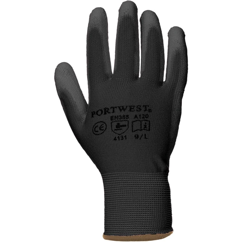Image of Portwest PU Palm Coated Gloves (A120) Workwear in Black Size: Medium Black Unisex M