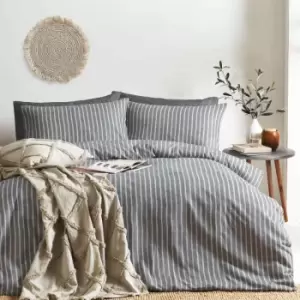 Image of The Linen Yard Herringbone Stripe Single Duvet Cover Set Cotton Charcoal