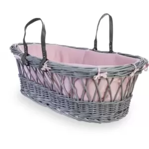 Image of Baby Love Grey Wicker Moses Basket - Pink - Pink - Clair De Lune