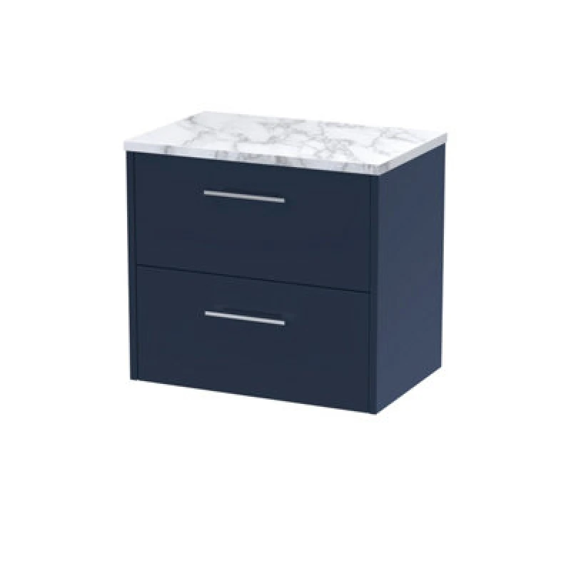 Image of HUDSON REED Hudson Reed - Juno Wall Hung 2-Drawer Vanity Unit with Carrera Marble Worktop 600mm Wide - Midnight Blue JNU2924LCM