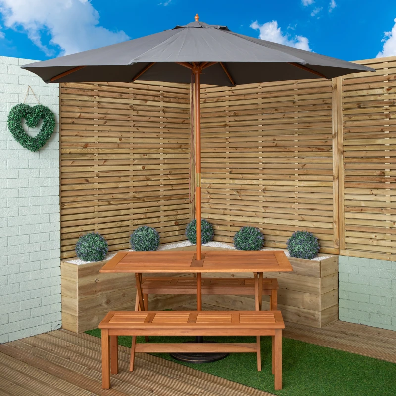 Image of Outdoor 4 Person Rectangular Wooden Garden Dining Table, 2 Benches with Grey Parasol and Base Set