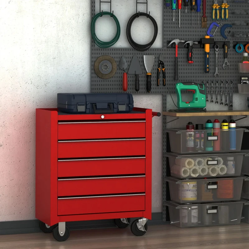 Image of HOMCOM Homcom - Tool Trolley with 5 Drawers Steel Tool Chest on Wheels with Handle Red 5056725351403