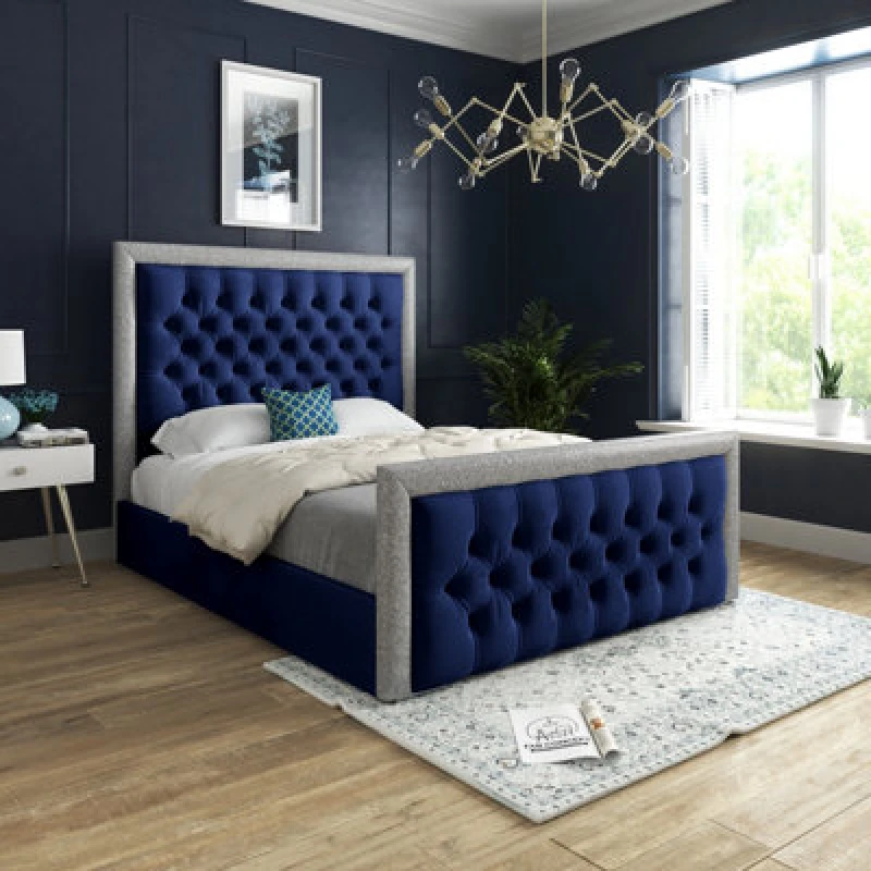 Image of Ds Living Cheltenham Glitter And Blue Plush Velvet Upholstered Super King Bed Frame 6ft