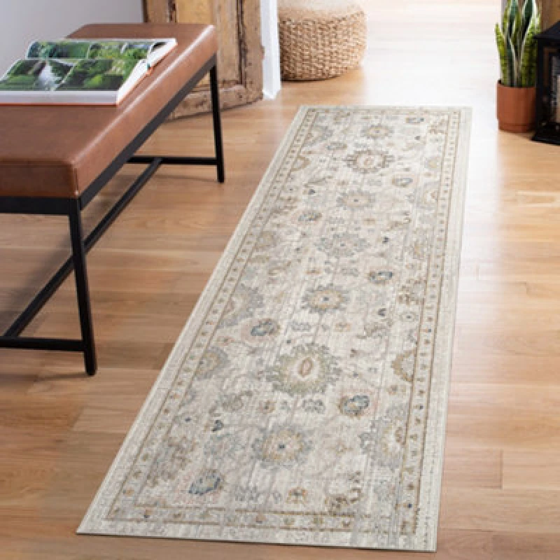 Image of Maia Washable Low Pile Non Slip Lagoon Traditional Area Rug - Beige, 60 X 220 Cm (Runner)
