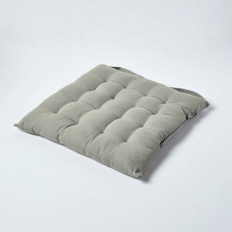Image of Homescapes Plain Seat Pad with Button Straps 100% Cotton Grey