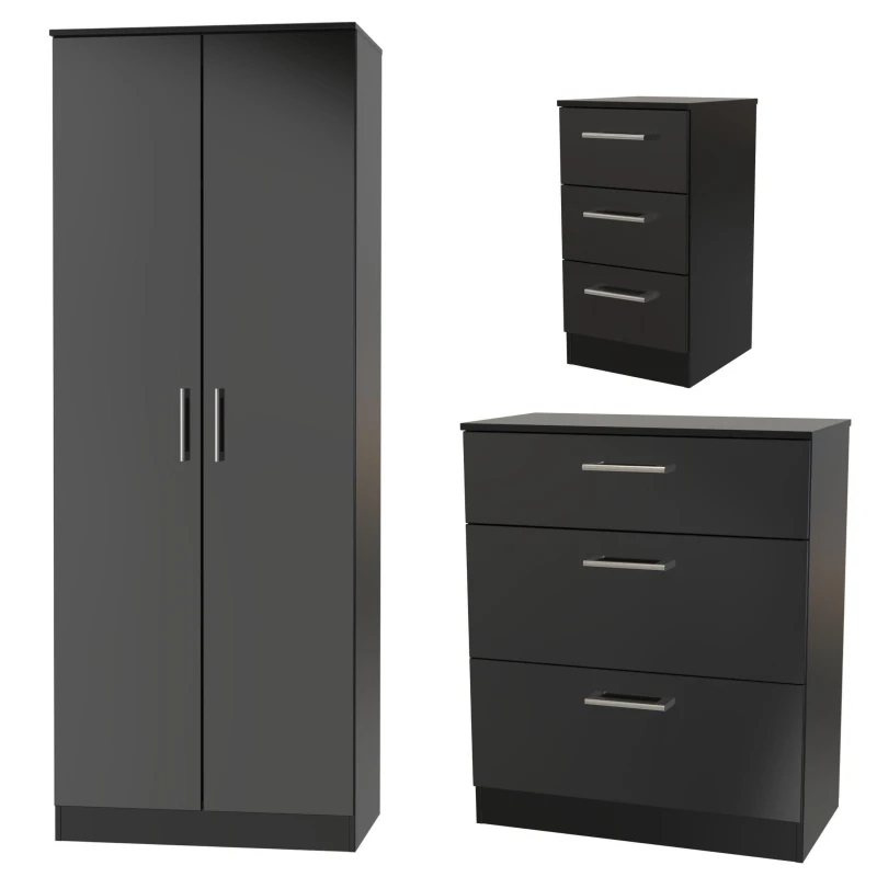 Image of Swift Devon 3 Piece Bedroom Set (Wardrobe, Chest & Bedside) in Black Matt - Ready Assembled Black