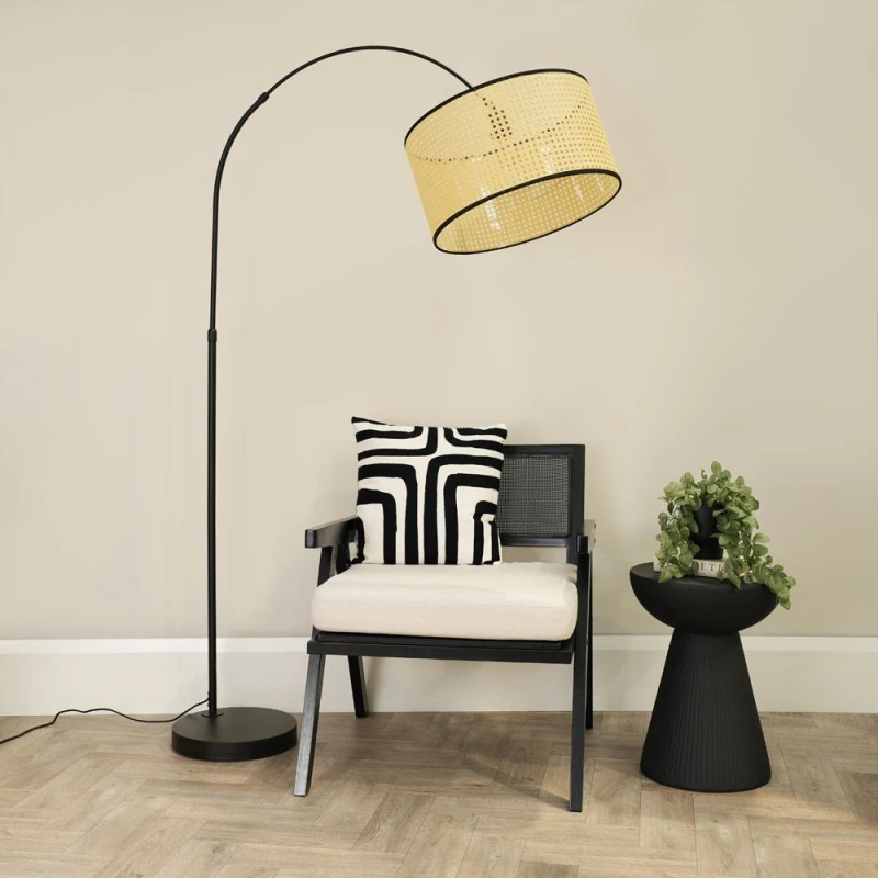 Image of ValueLights Louis Black Arched Curved Floor Lamp with Natural Cane Drum Lamp Shade Natural