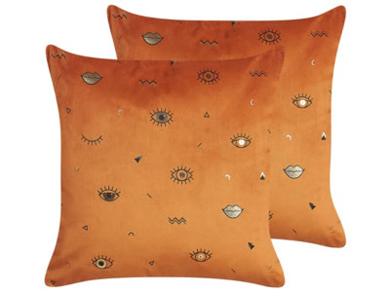 Image of Beliani Set Of 2 Decorative Cushions Aeonium Velvet 45 X 45cm Orange Abstract Pattern