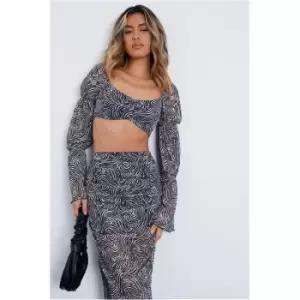 Image of I Saw It First White Abstract Print Ruched Mesh Crop Top - White