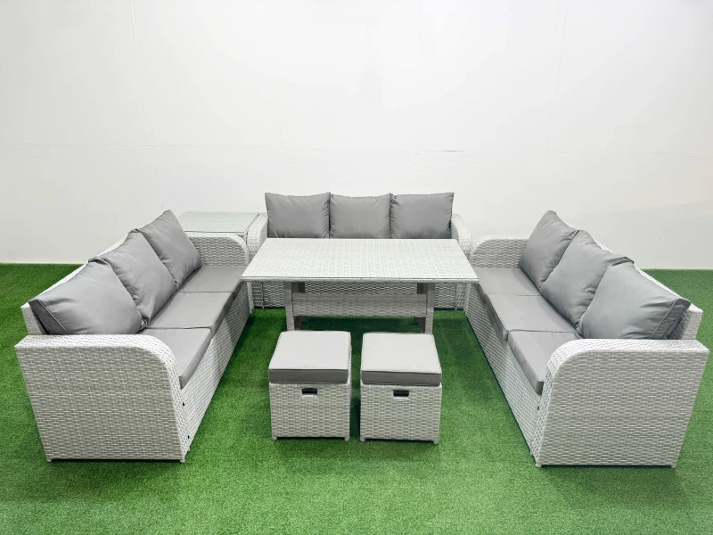 Image of Fimous PE Rattan Lounge Sofa Set 11 Seater Outdoor Garden Furniture Set with Rectangular Dining Table 3 Seater Sofa 2 Stools Side Table Light Grey Lig