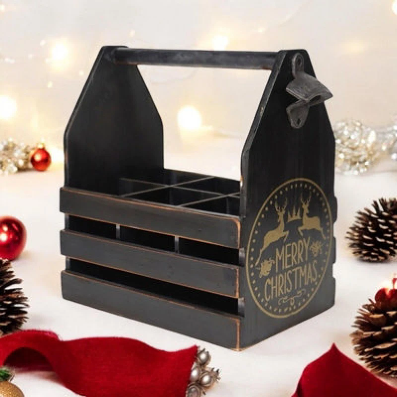 Image of Minster 6 Bottle Holder With Metal Opener - L19 X W27 X H30 Cm - Black