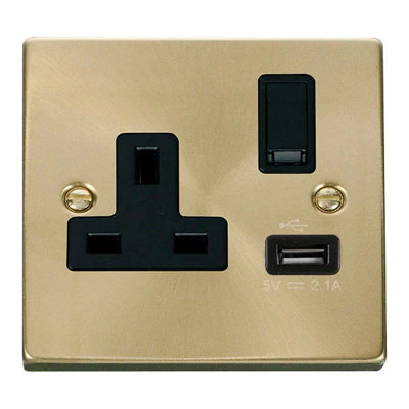 Image of SE Home Satin / Brushed Brass 1 Gang 13A DP 1 USB Switched Plug Socket Gold