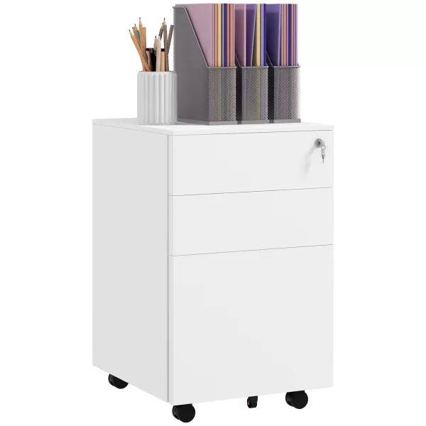 Image of Vinsetto 3-Drawer Vertical Filing Cabinet w/ Lock & Pencil Tray, Steel Mobile File Cabinet w/ Adjustable Hanging Bar for A4 & Letter Size, White