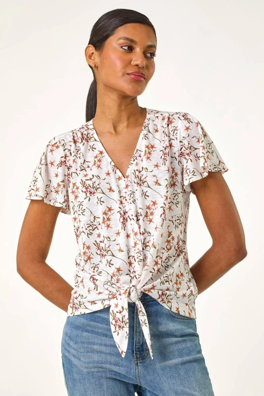 Image of Roman Womens Floral Buttoned Tie Hem Top in Ivory Size: 16 Ivory Female 16