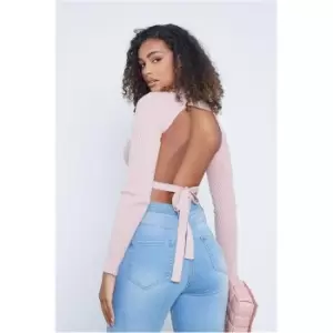 Image of I Saw It First Blush Pink High Neck Knitted Top With Tie Back Detail - Pink