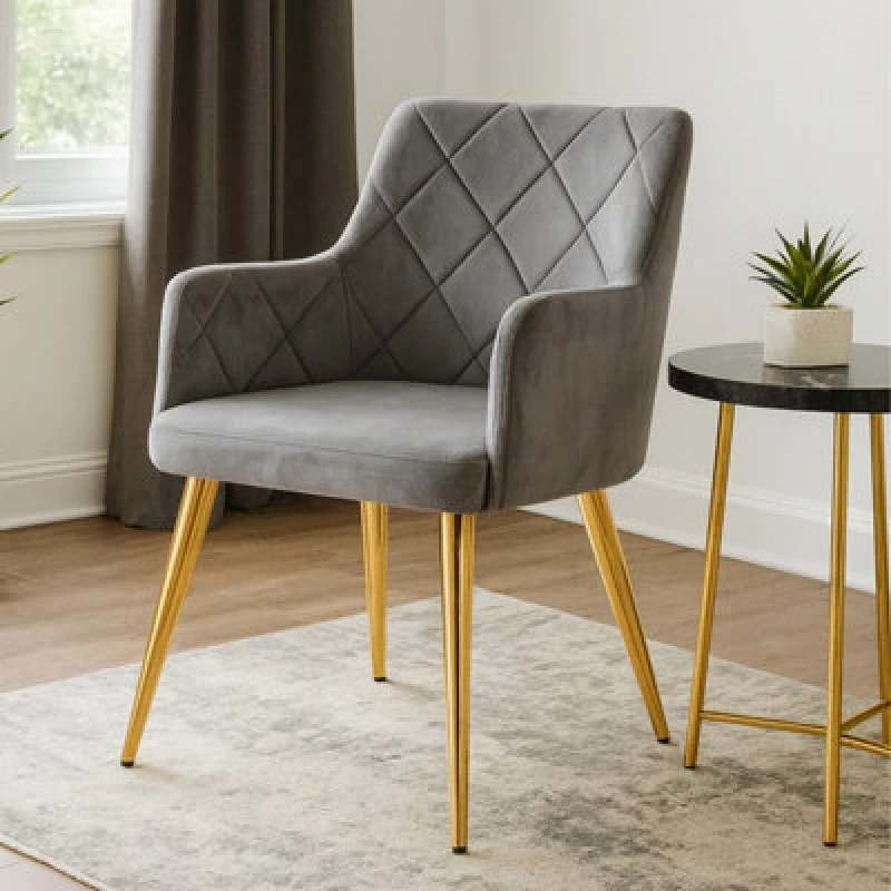 Image of Orsina Mink Velvet Angular Dining Chair, Mid-Century Lounge Chair, Decorative Chair, Armchair With Gold Finish Legs